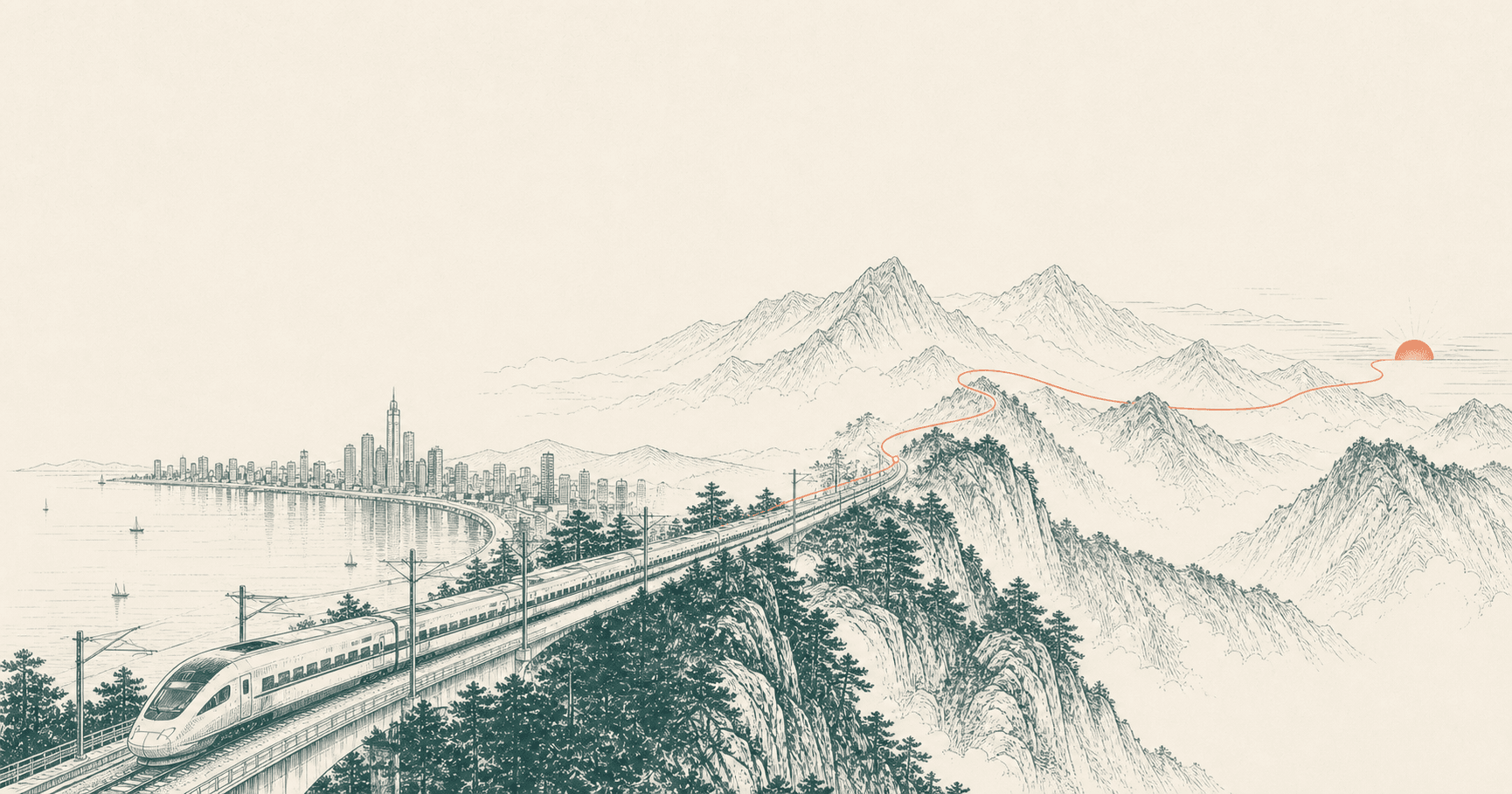 列车从海滨城市穿越群山,沿着路线驶向日出